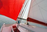 skipper on bow bowman trimaran neel 45 sails sailing deck